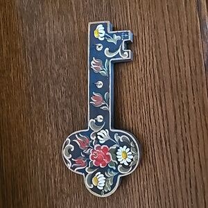 Hand painted wooden wall key holder bought at art fair in blue & red Scandinavia